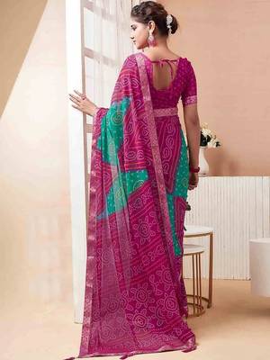 Women's magenta bandhani print chiffon bandhej style saree with matching blouse 4
