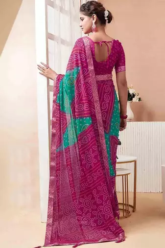 Women's magenta bandhani print chiffon bandhej style saree with matching blouse