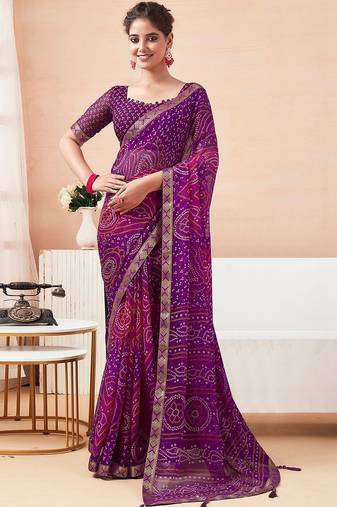 Women's purple bandhani print chiffon bandhej style saree with matching blouse