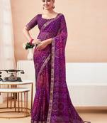 Women's purple bandhani print chiffon bandhej style saree with matching blouse