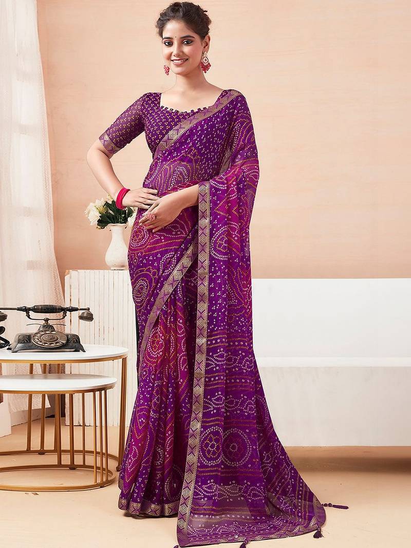 Women's purple bandhani print chiffon bandhej style saree with matching blouse