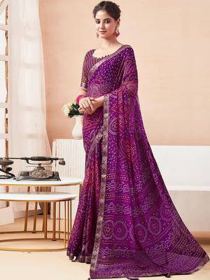 Women's purple bandhani print chiffon bandhej style saree with matching blouse 2