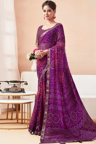 Women's purple bandhani print chiffon bandhej style saree with matching blouse