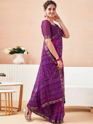 Women's purple bandhani print chiffon bandhej style saree with matching blouse 3