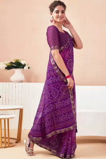 Women's purple bandhani print chiffon bandhej style saree with matching blouse