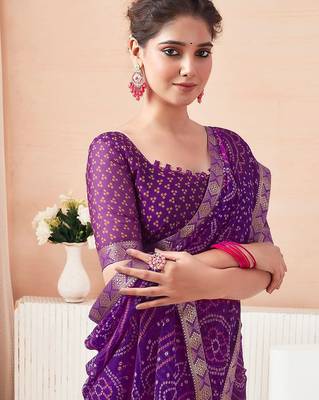 Women's purple bandhani print chiffon bandhej style saree with matching blouse 4