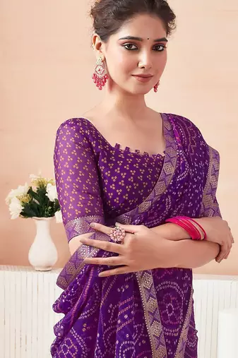 Women's purple bandhani print chiffon bandhej style saree with matching blouse
