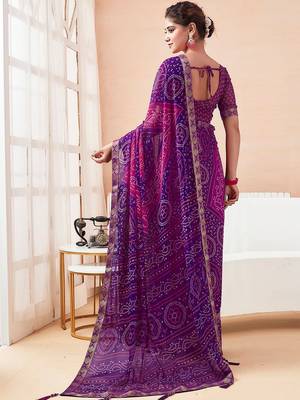 Women's purple bandhani print chiffon bandhej style saree with matching blouse 5