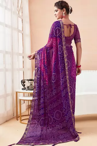 Women's purple bandhani print chiffon bandhej style saree with matching blouse