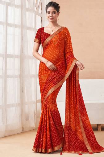 Women's maroon bandhani print chiffon bandhej style saree with matching blouse