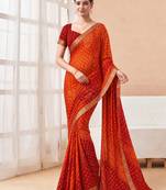 Women's maroon bandhani print chiffon bandhej style saree with matching blouse