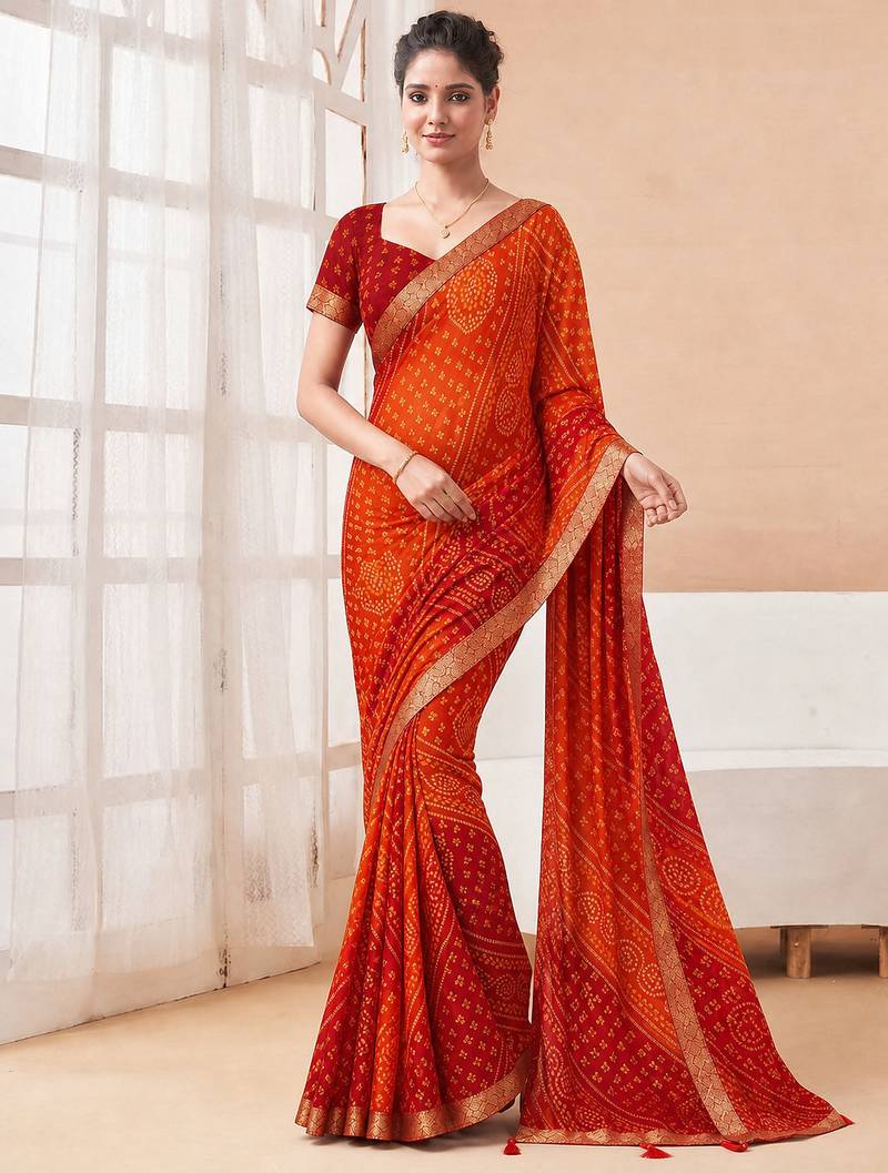 Women's maroon bandhani print chiffon bandhej style saree with matching blouse