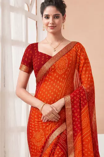 Women's maroon bandhani print chiffon bandhej style saree with matching blouse
