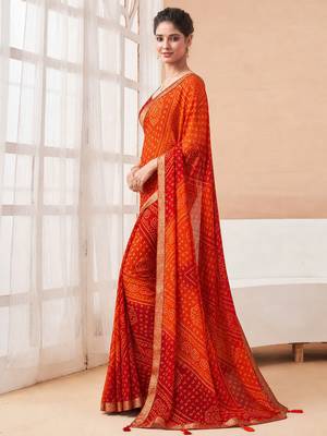 Women's maroon bandhani print chiffon bandhej style saree with matching blouse 3
