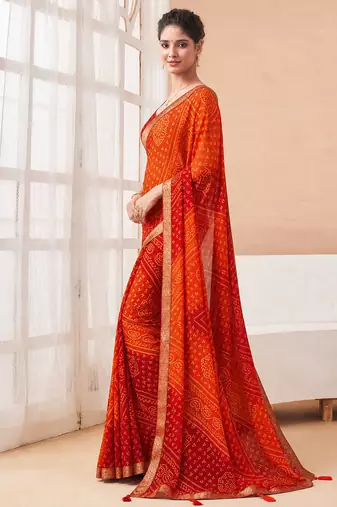 Women's maroon bandhani print chiffon bandhej style saree with matching blouse