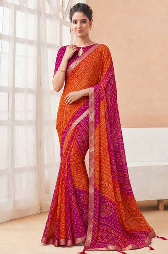 Women's orange pink bandhani print chiffon bandhej style saree with matching blouse