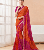 Women's orange pink bandhani print chiffon bandhej style saree with matching blouse