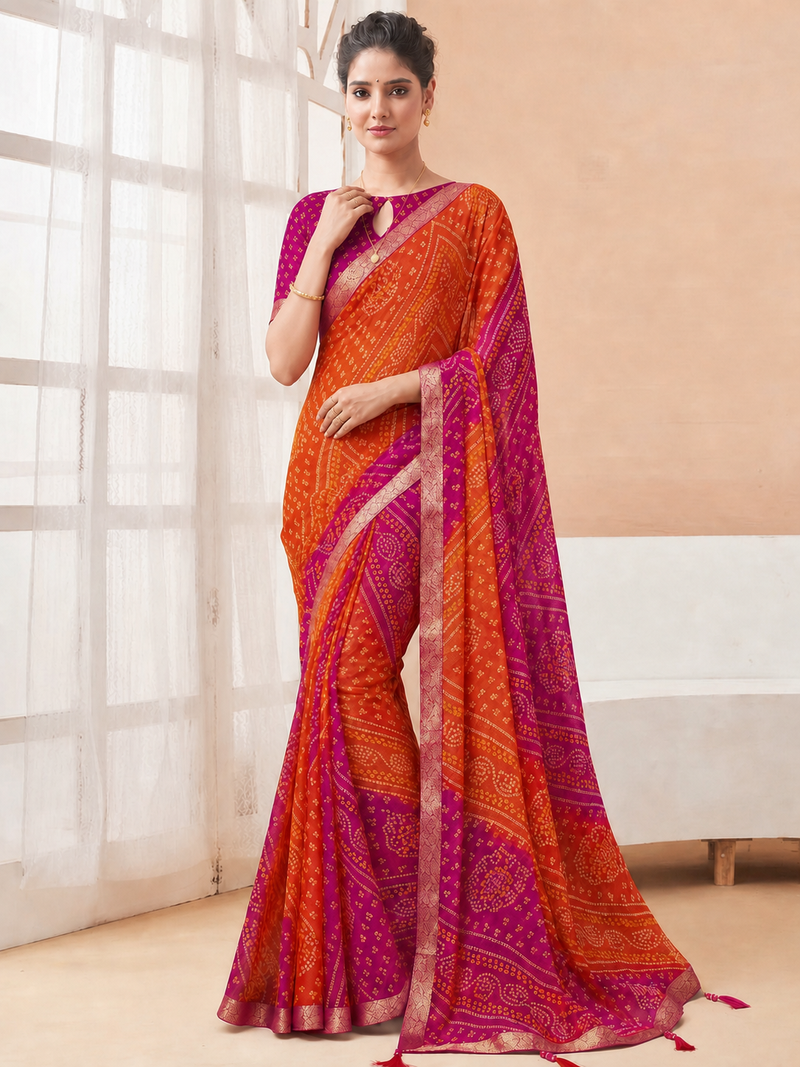 Women's orange pink bandhani print chiffon bandhej style saree with matching blouse