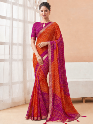 Women's orange pink bandhani print chiffon bandhej style saree with matching blouse 2