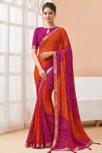 Women's orange pink bandhani print chiffon bandhej style saree with matching blouse