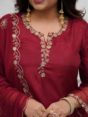 Women's Beautiful Embroidery Work Roman Silk Fabric Straight Kurta Pant and Dupatta Set 2