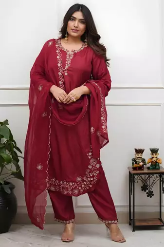 Women's Beautiful Embroidery Work Roman Silk Fabric Straight Kurta Pant and Dupatta Set