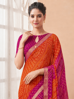 Women's orange pink bandhani print chiffon bandhej style saree with matching blouse 3
