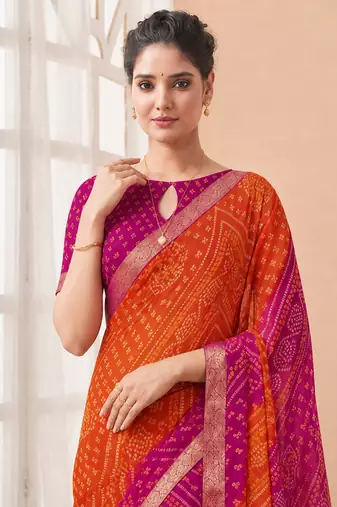 Women's orange pink bandhani print chiffon bandhej style saree with matching blouse