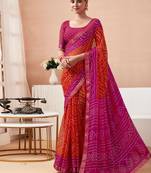 Women's orange bandhani print chiffon bandhej style saree with matching blouse
