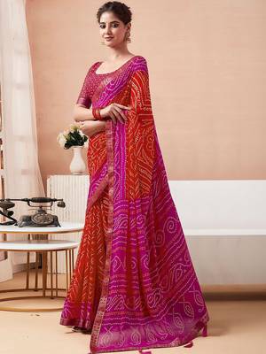 Women's orange bandhani print chiffon bandhej style saree with matching blouse 2
