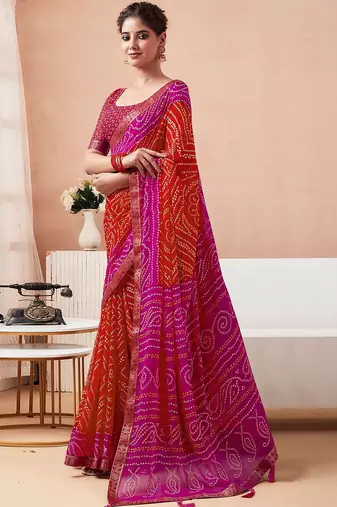 Women's orange bandhani print chiffon bandhej style saree with matching blouse