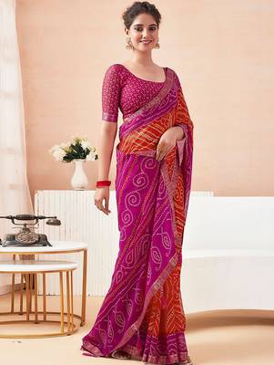 Women's orange bandhani print chiffon bandhej style saree with matching blouse 3