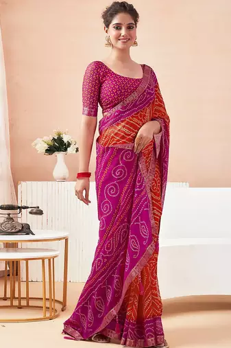 Women's orange bandhani print chiffon bandhej style saree with matching blouse