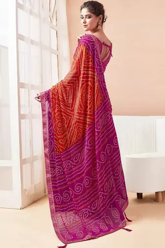 Women's orange bandhani print chiffon bandhej style saree with matching blouse