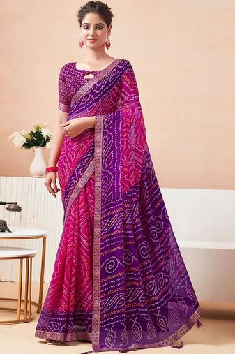 Women's pink purple bandhani print chiffon bandhej style saree with matching blouse