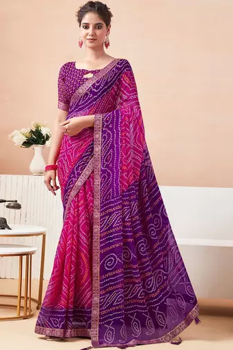 Women's pink purple bandhani print chiffon bandhej style saree with matching blouse