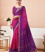 Women's pink purple bandhani print chiffon bandhej style saree with matching blouse