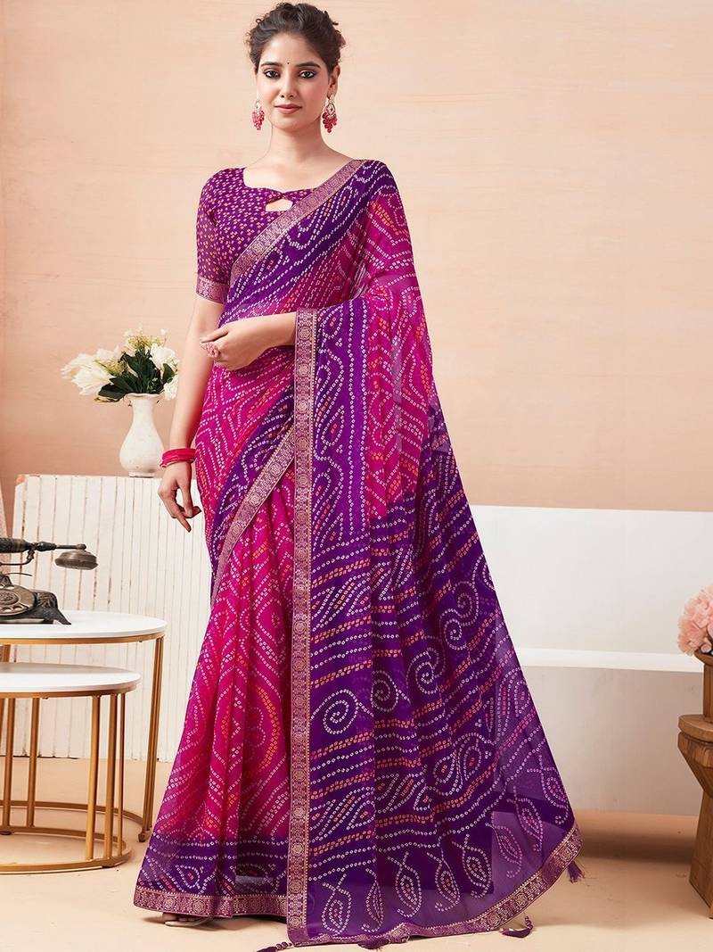 Women's pink purple bandhani print chiffon bandhej style saree with matching blouse