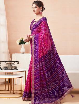 Women's pink purple bandhani print chiffon bandhej style saree with matching blouse 2