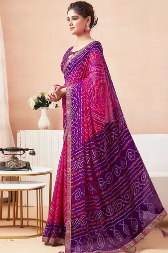 Women's pink purple bandhani print chiffon bandhej style saree with matching blouse