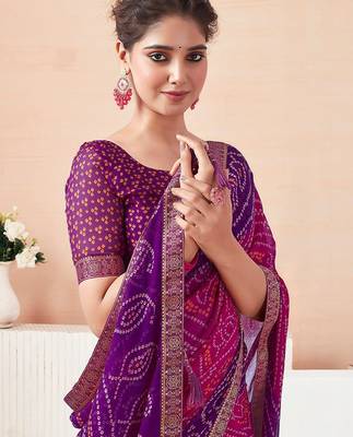 Women's pink purple bandhani print chiffon bandhej style saree with matching blouse 3