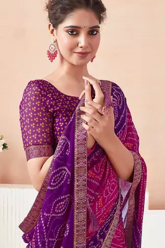 Women's pink purple bandhani print chiffon bandhej style saree with matching blouse