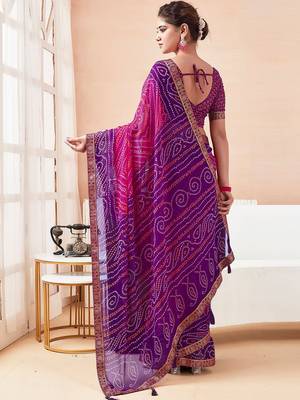 Women's pink purple bandhani print chiffon bandhej style saree with matching blouse 4
