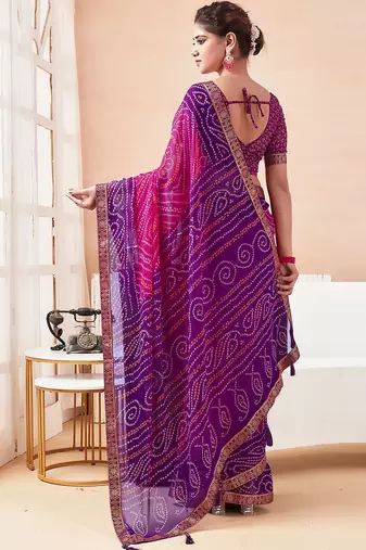 Women's pink purple bandhani print chiffon bandhej style saree with matching blouse