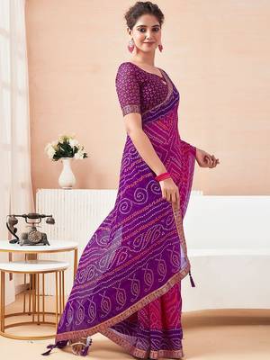 Women's pink purple bandhani print chiffon bandhej style saree with matching blouse 5