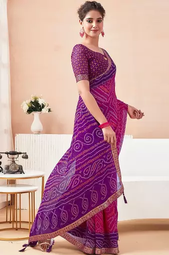 Women's pink purple bandhani print chiffon bandhej style saree with matching blouse