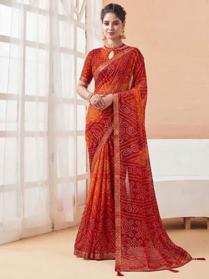 Women's red orange bandhani print chiffon bandhej style saree with matching blouse 1