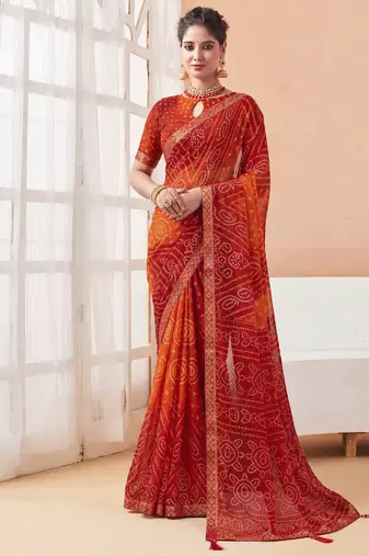 Women's red orange bandhani print chiffon bandhej style saree with matching blouse