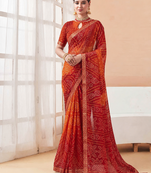 Women's red orange bandhani print chiffon bandhej style saree with matching blouse