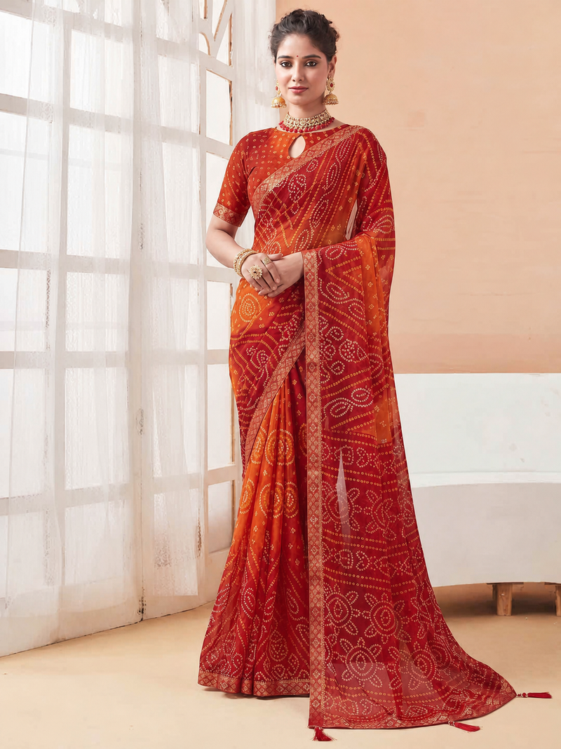 Women's red orange bandhani print chiffon bandhej style saree with matching blouse